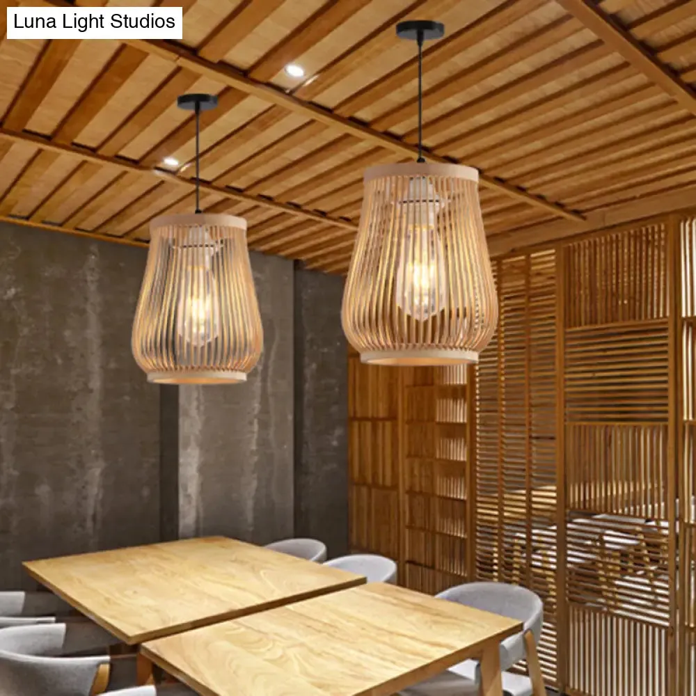 Modern Bamboo Pendant Light in Beige: Barrel Style Down Lighting for Dining Room