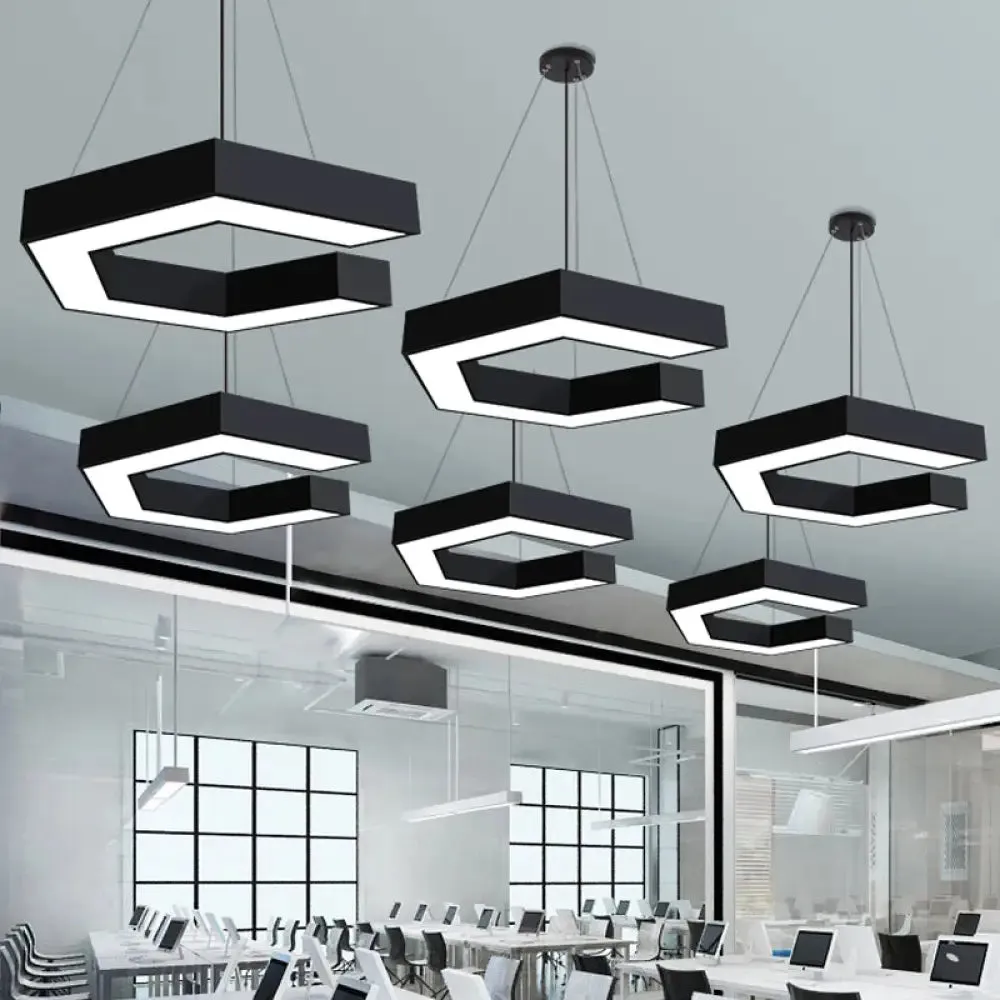 Modern Geometric LED Pendant Lamp for Office - Black Metal, Various Sizes
