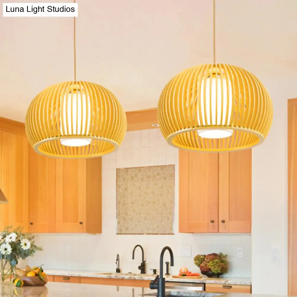 Modern Half-Globe Pendant Wooden 1-Light Dining Table Suspension Lighting - 13"/18" W with Inner Shade