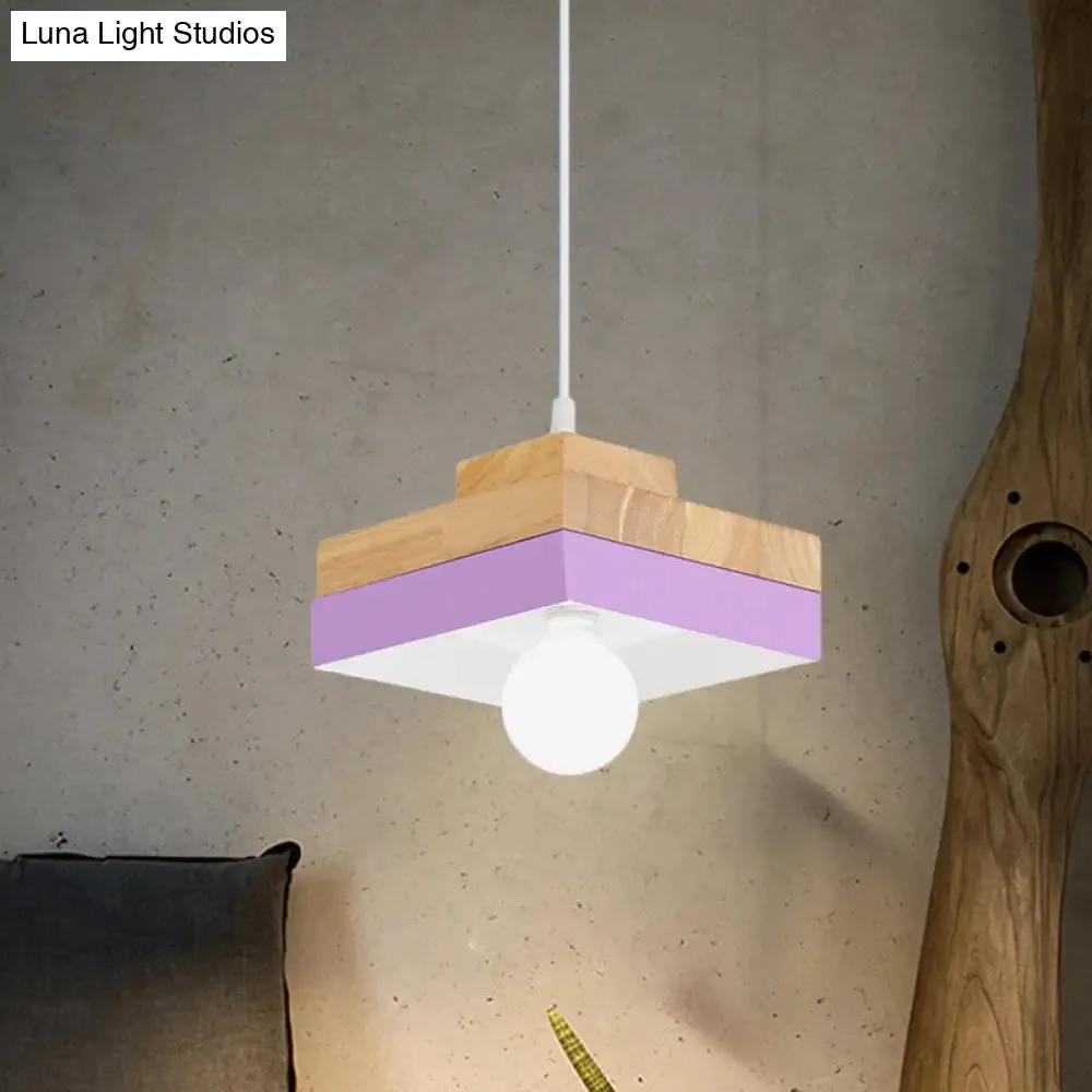 Modern Macaron Down Lighting Metal Ceiling Lamp with Colorful Wood Accents - 1-Light for Living Room