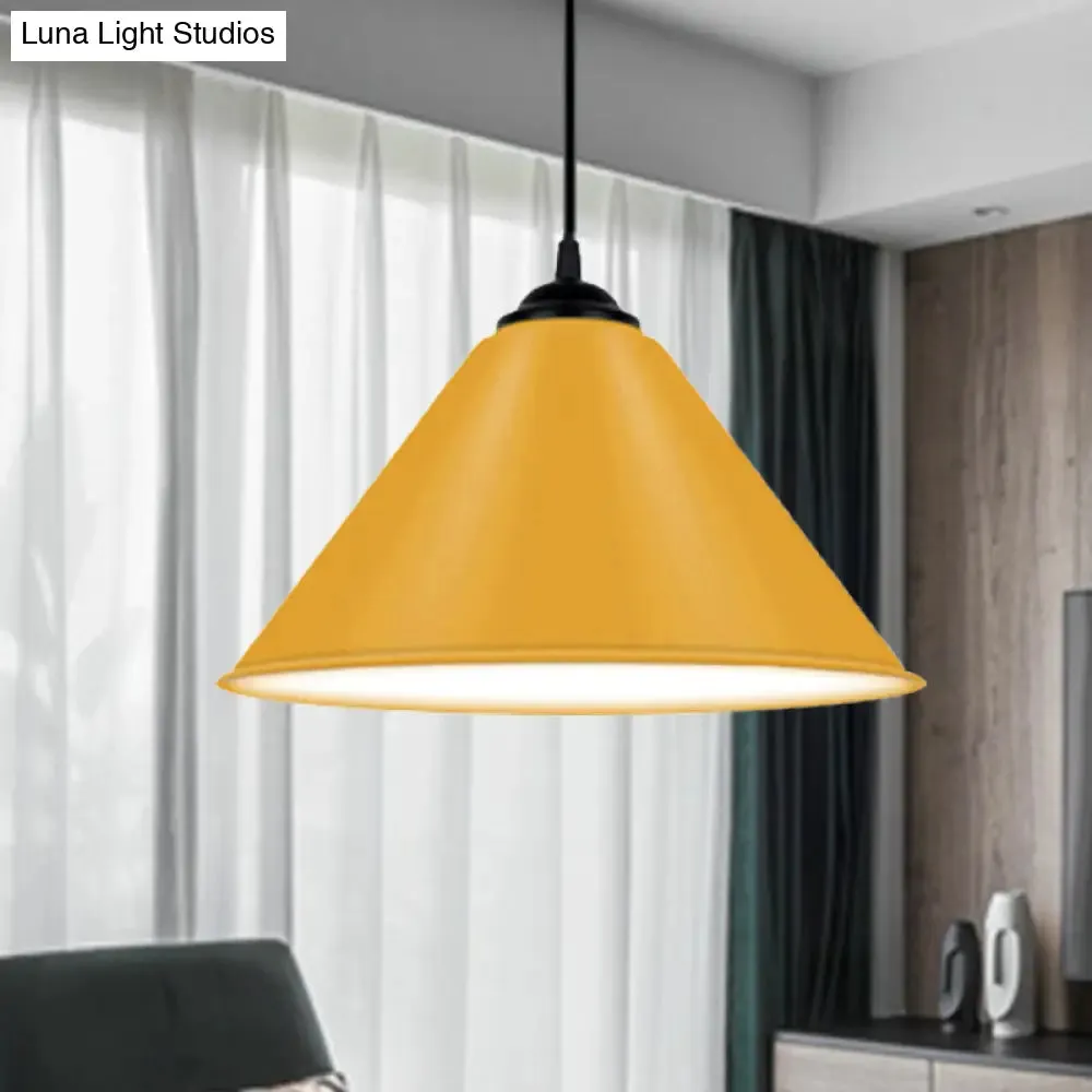 Modern Metal Cone Hanging Light, 1-Light Pink/Yellow/Green Pendant Light, 12"/14"/16" Dia
