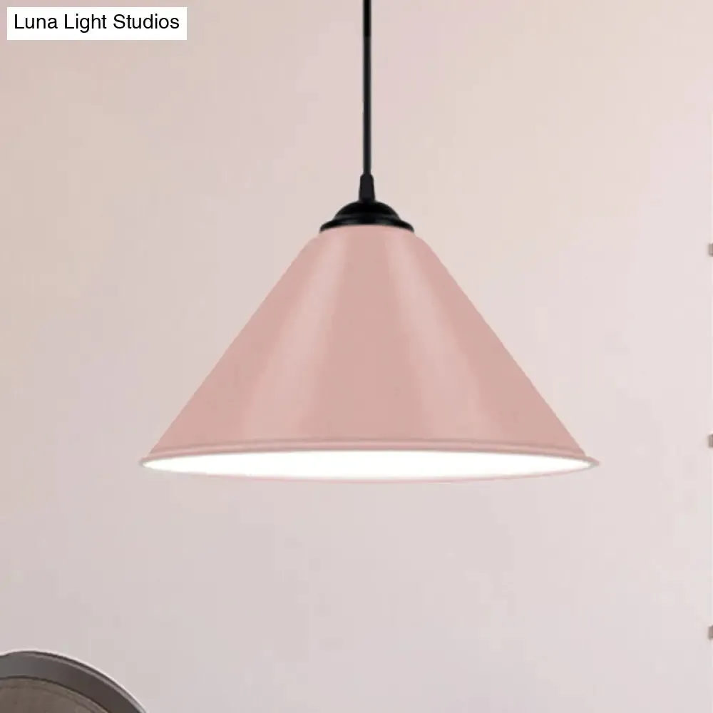 Modern Metal Cone Hanging Light, 1-Light Pink/Yellow/Green Pendant Light, 12"/14"/16" Dia