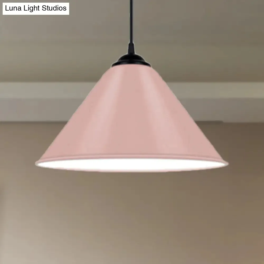 Modern Metal Cone Hanging Light, 1-Light Pink/Yellow/Green Pendant Light, 12"/14"/16" Dia