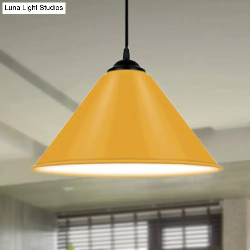 Modern Metal Cone Hanging Light, 1-Light Pink/Yellow/Green Pendant Light, 12"/14"/16" Dia