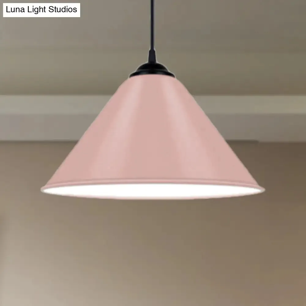 Modern Metal Cone Hanging Light, 1-Light Pink/Yellow/Green Pendant Light, 12"/14"/16" Dia