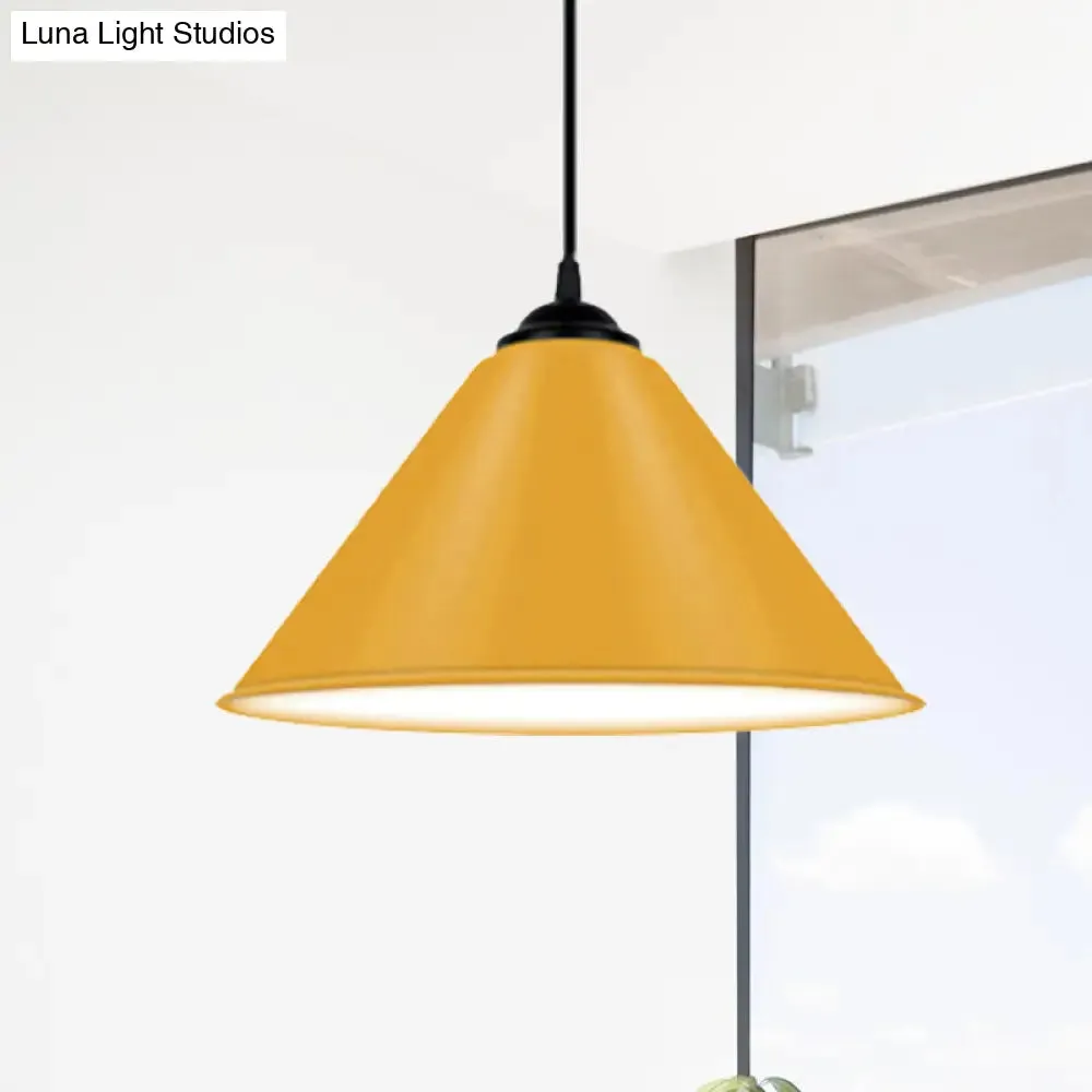 Modern Metal Cone Hanging Light, 1-Light Pink/Yellow/Green Pendant Light, 12"/14"/16" Dia