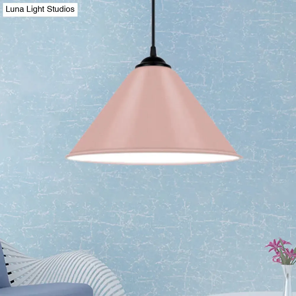Modern Metal Cone Hanging Light, 1-Light Pink/Yellow/Green Pendant Light, 12"/14"/16" Dia