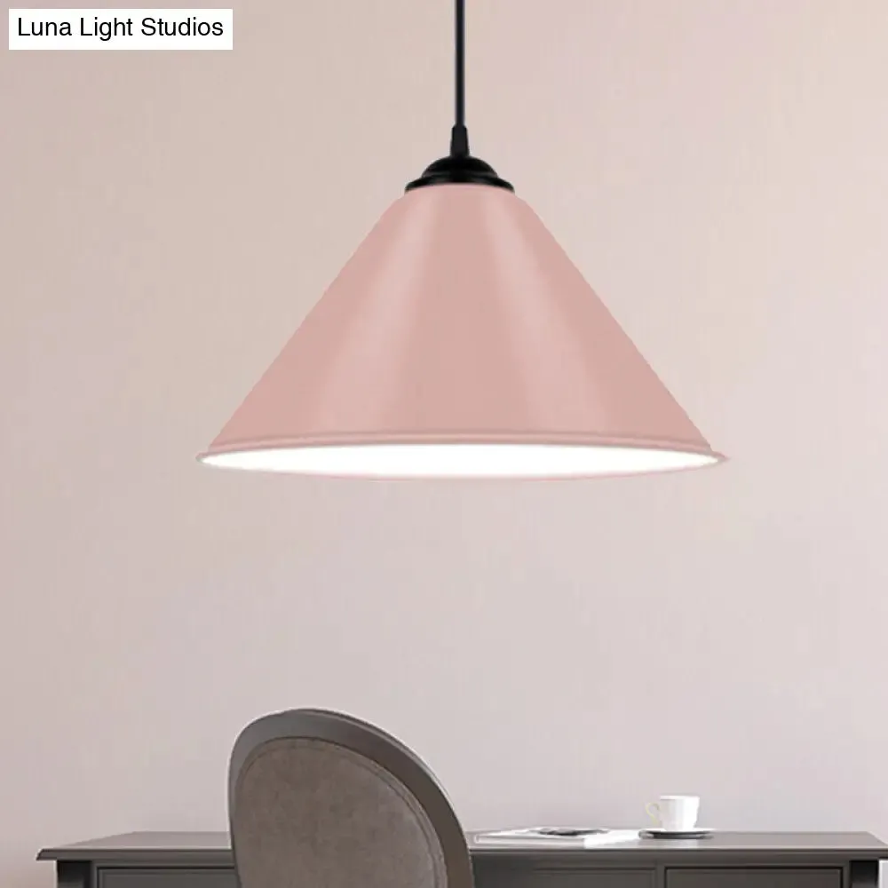 Modern Metal Cone Hanging Light, 1-Light Pink/Yellow/Green Pendant Light, 12"/14"/16" Dia