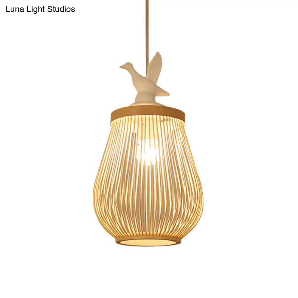 Modern Wood Cage Hanging Lamp with White Bird – Bamboo Ceiling Pendant Light