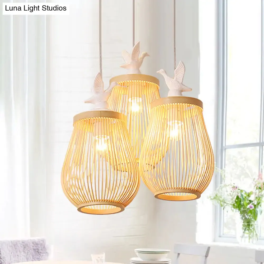 Modern Wood Cage Hanging Lamp with White Bird – Bamboo Ceiling Pendant Light
