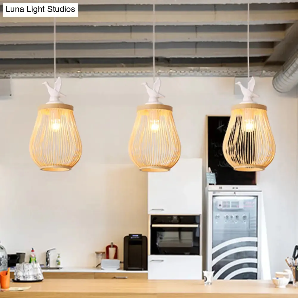 Modern Wood Cage Hanging Lamp with White Bird – Bamboo Ceiling Pendant Light