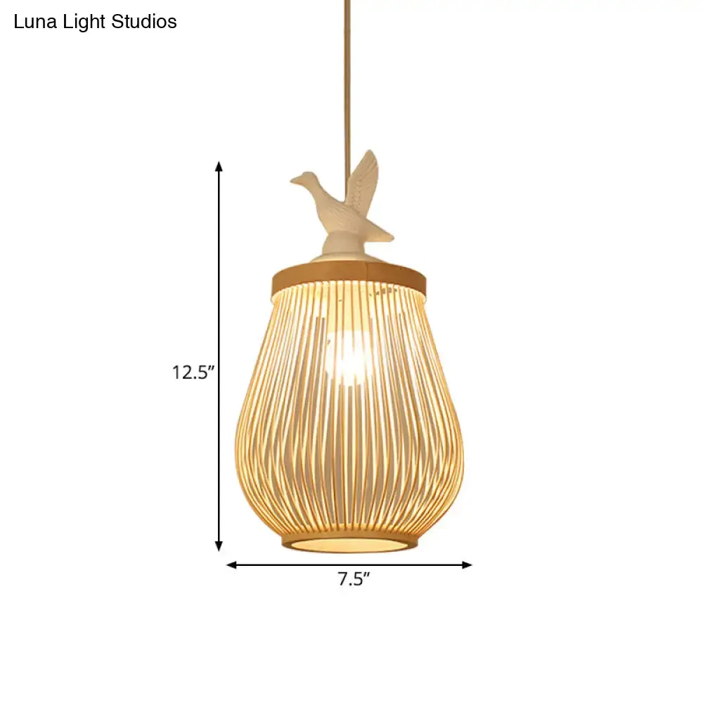 Modern Wood Cage Hanging Lamp with White Bird – Bamboo Ceiling Pendant Light