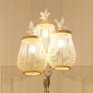 Modern Wood Cage Hanging Lamp with White Bird – Bamboo Ceiling Pendant Light
