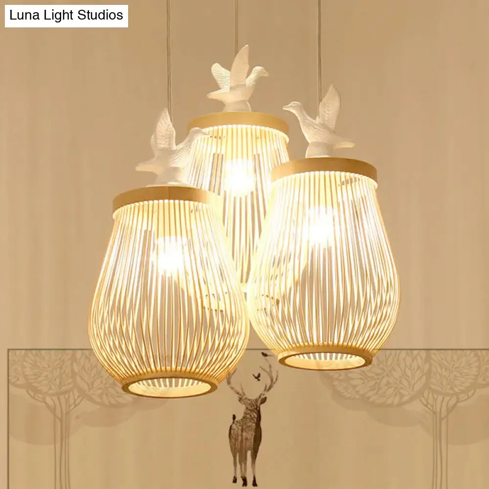 Modern Wood Cage Hanging Lamp with White Bird – Bamboo Ceiling Pendant Light