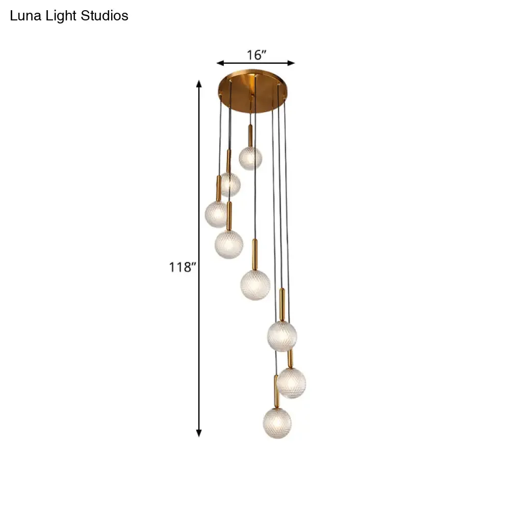 Modernist Spiral Cluster Pendant Light - 8/9 Bulbs, White/Clear Lattice Glass, Ceiling Hang Fixture