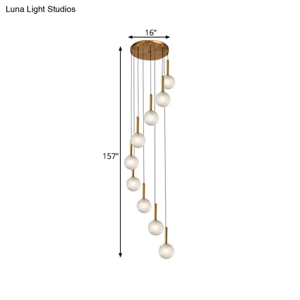 Modernist Spiral Cluster Pendant Light - 8/9 Bulbs, White/Clear Lattice Glass, Ceiling Hang Fixture