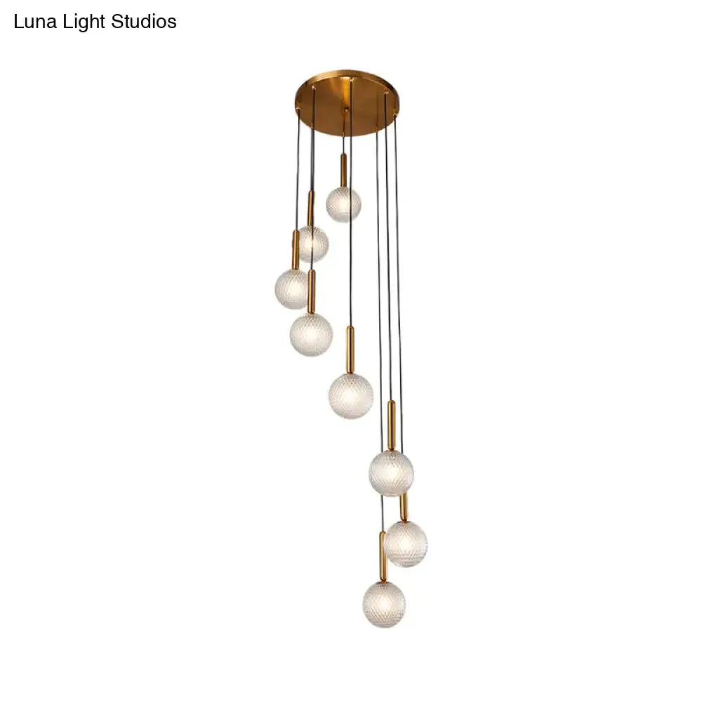 Modernist Spiral Cluster Pendant Light - 8/9 Bulbs, White/Clear Lattice Glass, Ceiling Hang Fixture