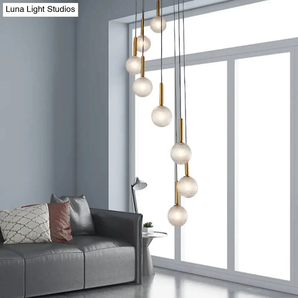 Modernist Spiral Cluster Pendant Light - 8/9 Bulbs, White/Clear Lattice Glass, Ceiling Hang Fixture
