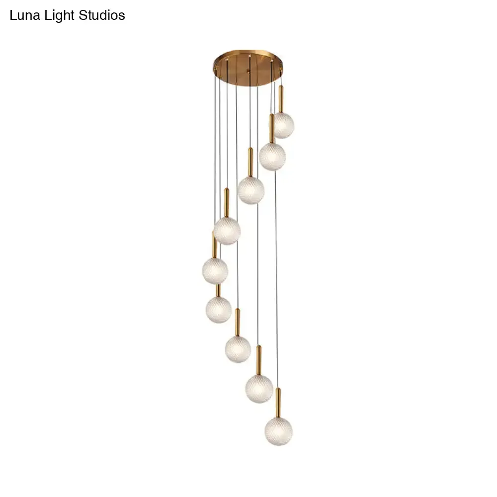 Modernist Spiral Cluster Pendant Light - 8/9 Bulbs, White/Clear Lattice Glass, Ceiling Hang Fixture