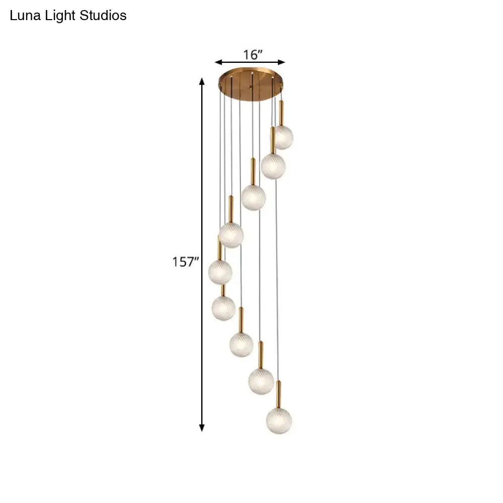 Modernist Spiral Cluster Pendant Light - 8/9 Bulbs, White/Clear Lattice Glass, Ceiling Hang Fixture