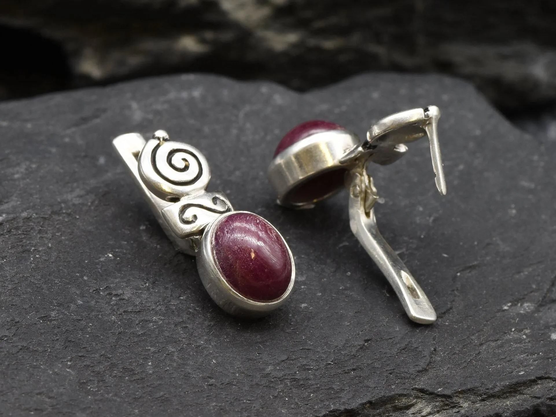 Natural Ruby Earrings - Red Drop Earrings - Swirl Boho Earrings