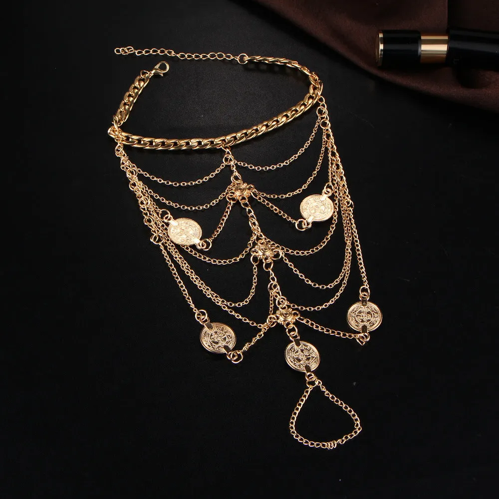 New Bohemian Punk Retro Style Metal Chain Tassel Coin Anklet Set