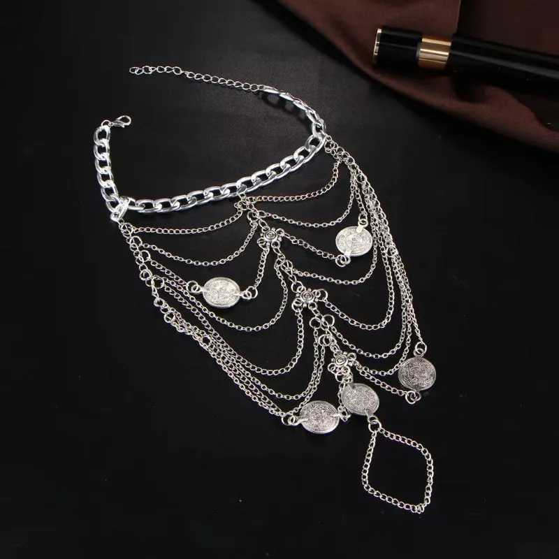 New Bohemian Punk Retro Style Metal Chain Tassel Coin Anklet Set