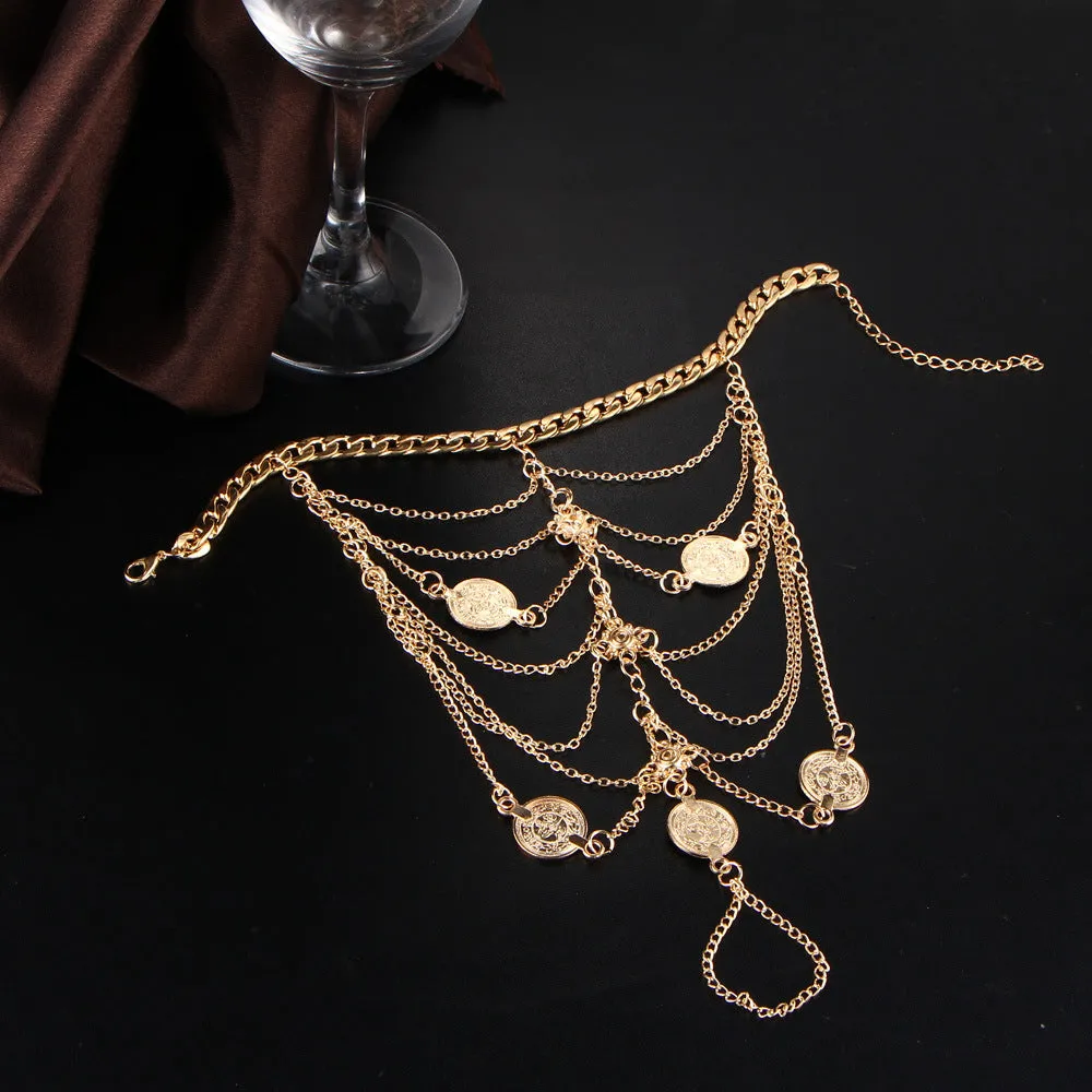 New Bohemian Punk Retro Style Metal Chain Tassel Coin Anklet Set