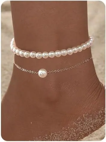 Pearl Anklets for Women Men 2pcs Silver Pearl Beach Cute Ankle Bracelets Charm Beach Beachy Bangle Womens Anklets Jewelry