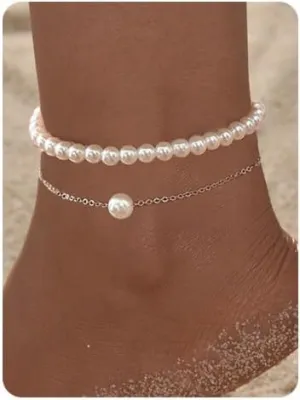 Pearl Anklets for Women Men 2pcs Silver Pearl Beach Cute Ankle Bracelets Charm Beach Beachy Bangle Womens Anklets Jewelry