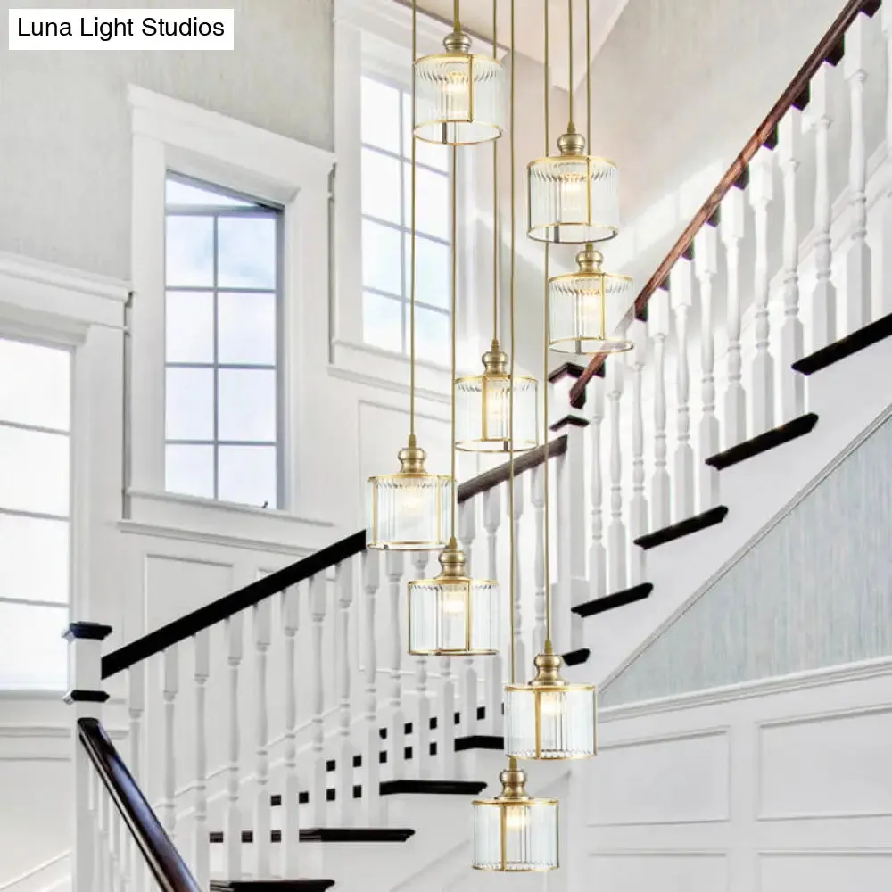 Postmodern Ribbed Glass Pendant Light Fixture with Multiple Lamps - Brass Finish for Stairway