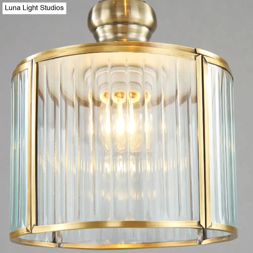 Postmodern Ribbed Glass Pendant Light Fixture with Multiple Lamps - Brass Finish for Stairway