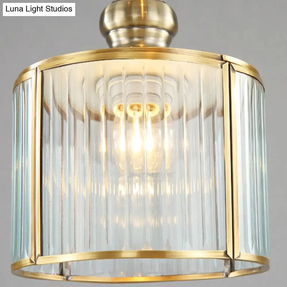Postmodern Ribbed Glass Pendant Light Fixture with Multiple Lamps - Brass Finish for Stairway