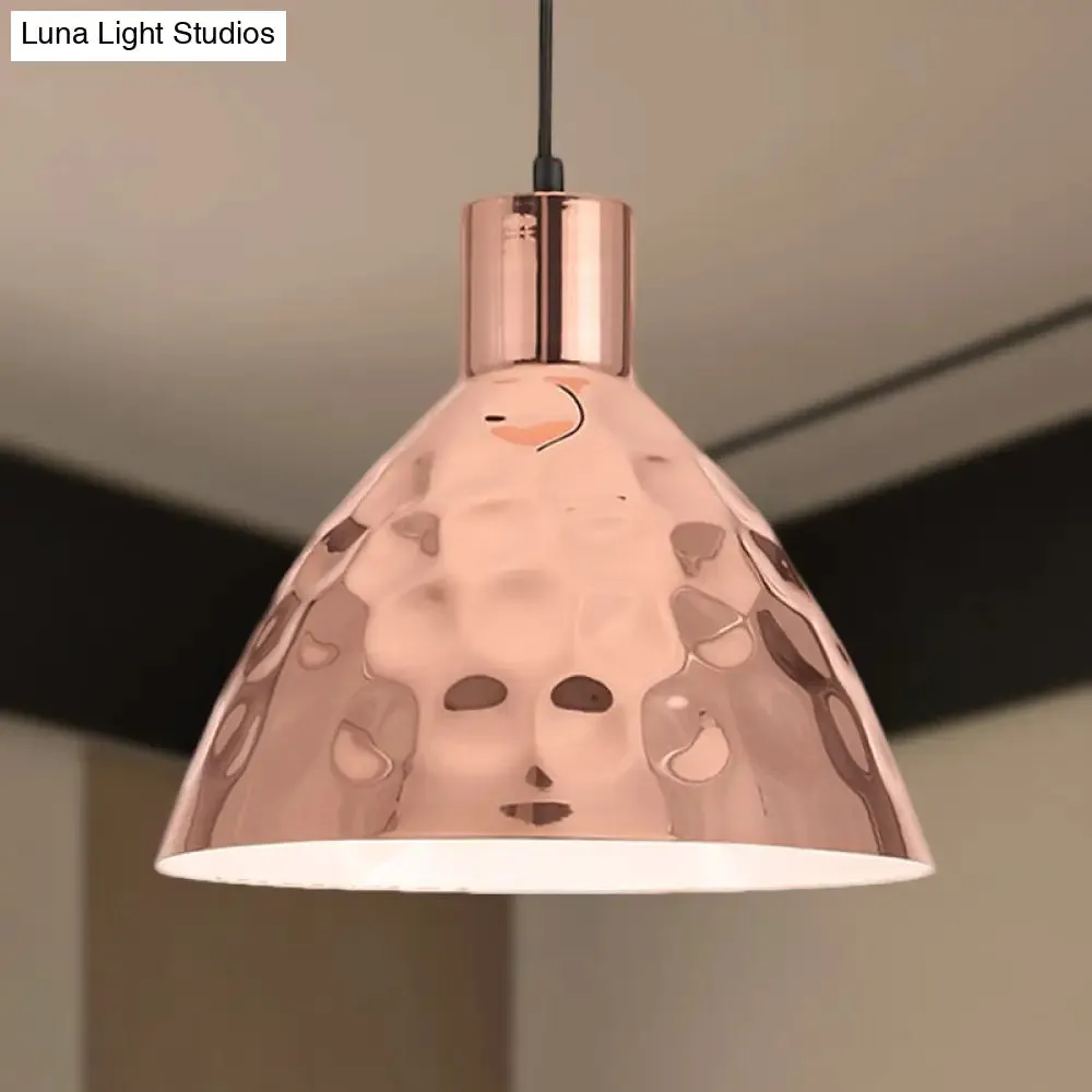 Rose Gold Industrial Pendant Light with Dimpled Conic Metal Design and Hanging Cord