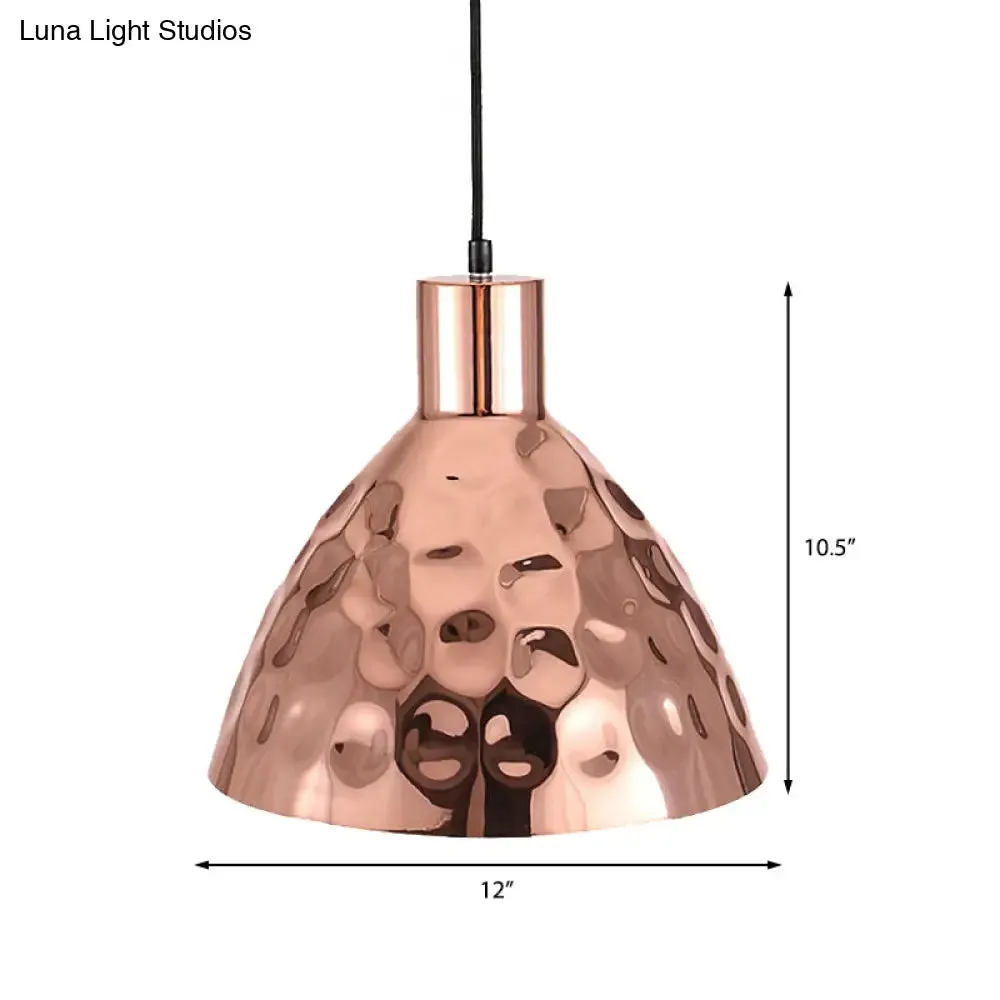 Rose Gold Industrial Pendant Light with Dimpled Conic Metal Design and Hanging Cord