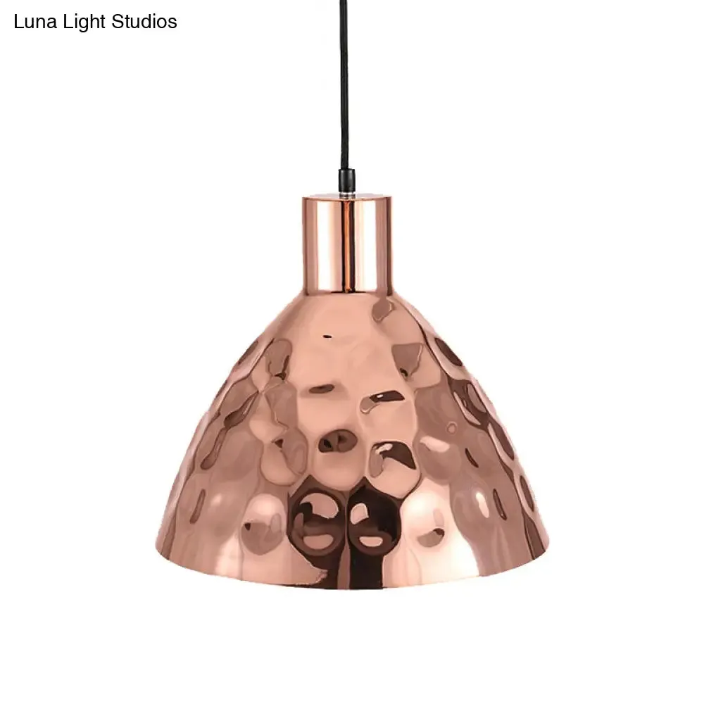 Rose Gold Industrial Pendant Light with Dimpled Conic Metal Design and Hanging Cord