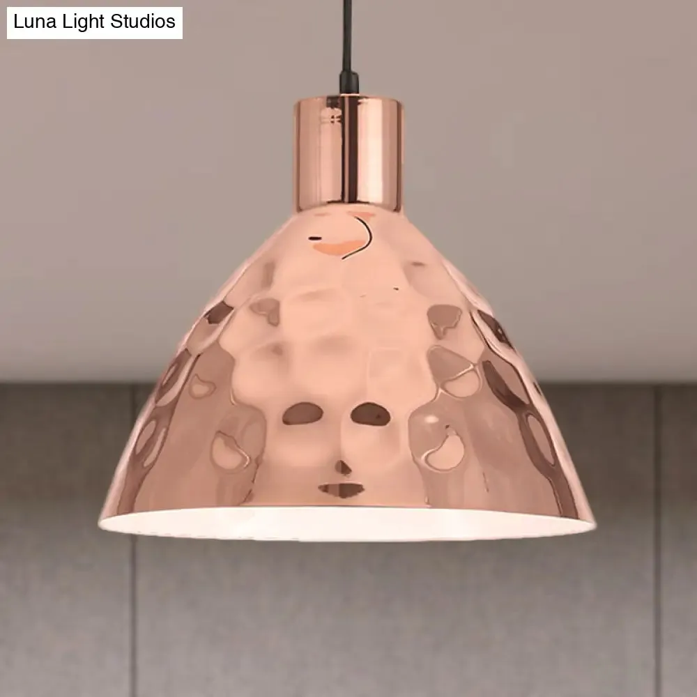 Rose Gold Industrial Pendant Light with Dimpled Conic Metal Design and Hanging Cord