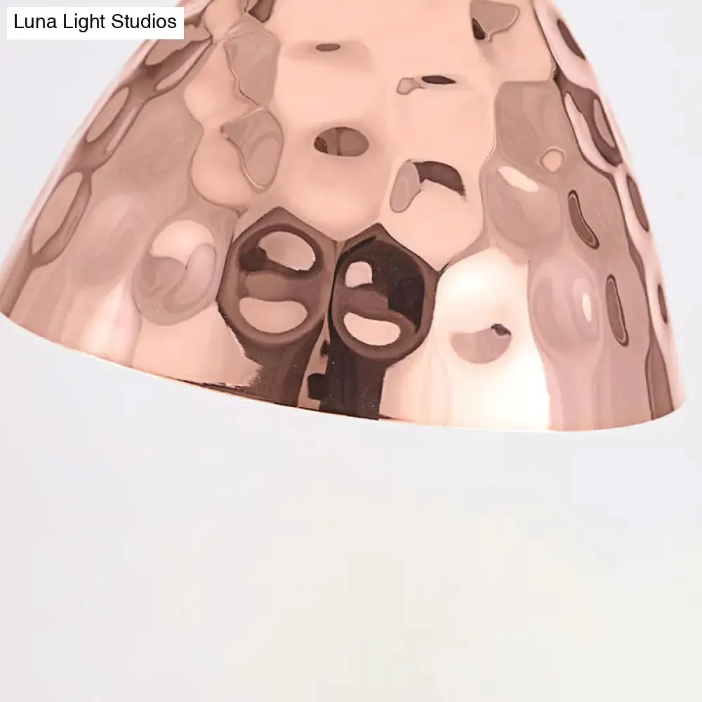 Rose Gold Industrial Pendant Light with Dimpled Conic Metal Design and Hanging Cord
