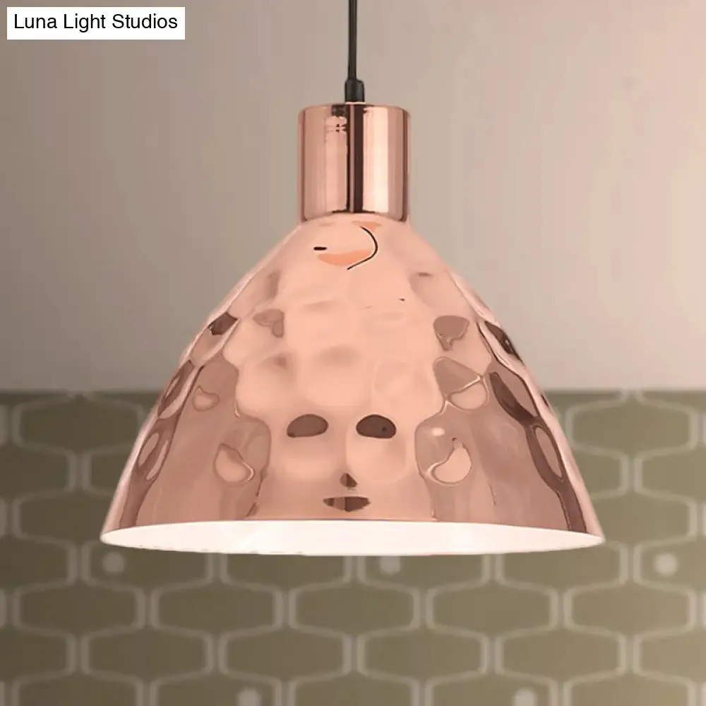 Rose Gold Industrial Pendant Light with Dimpled Conic Metal Design and Hanging Cord