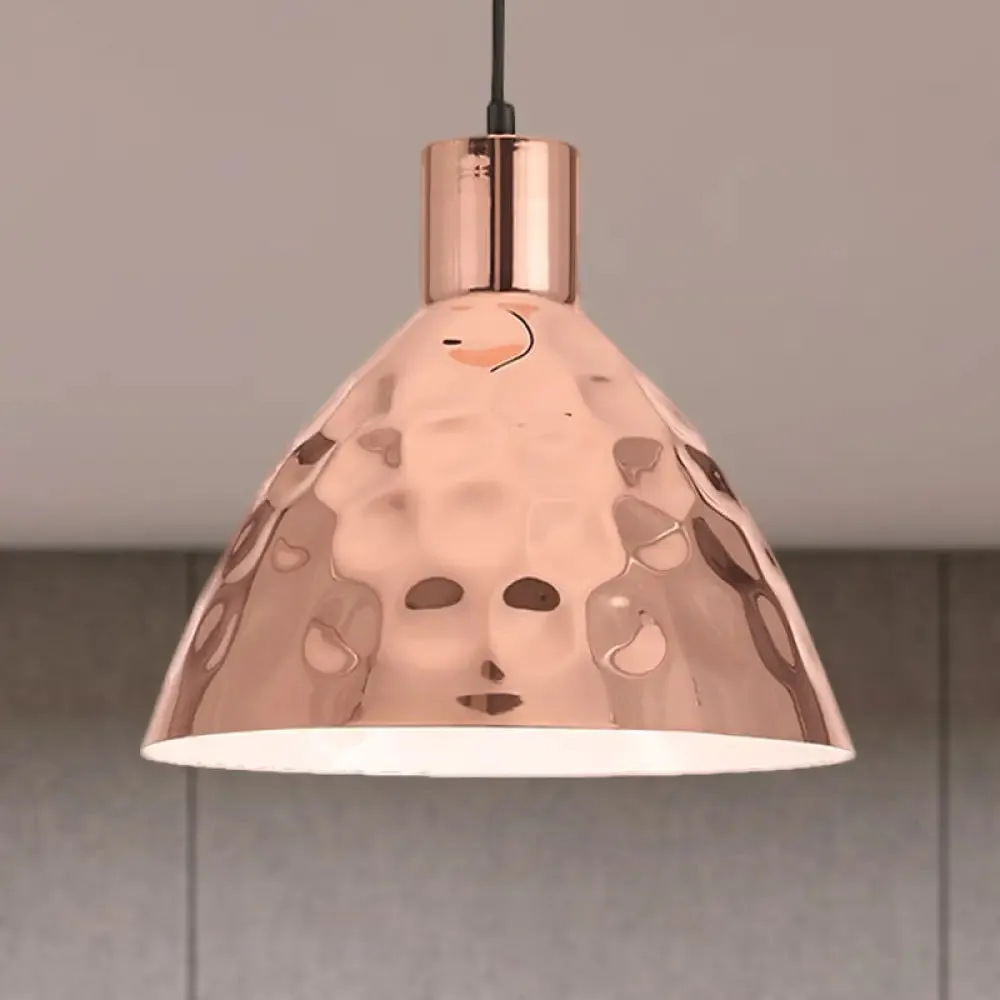 Rose Gold Industrial Pendant Light with Dimpled Conic Metal Design and Hanging Cord