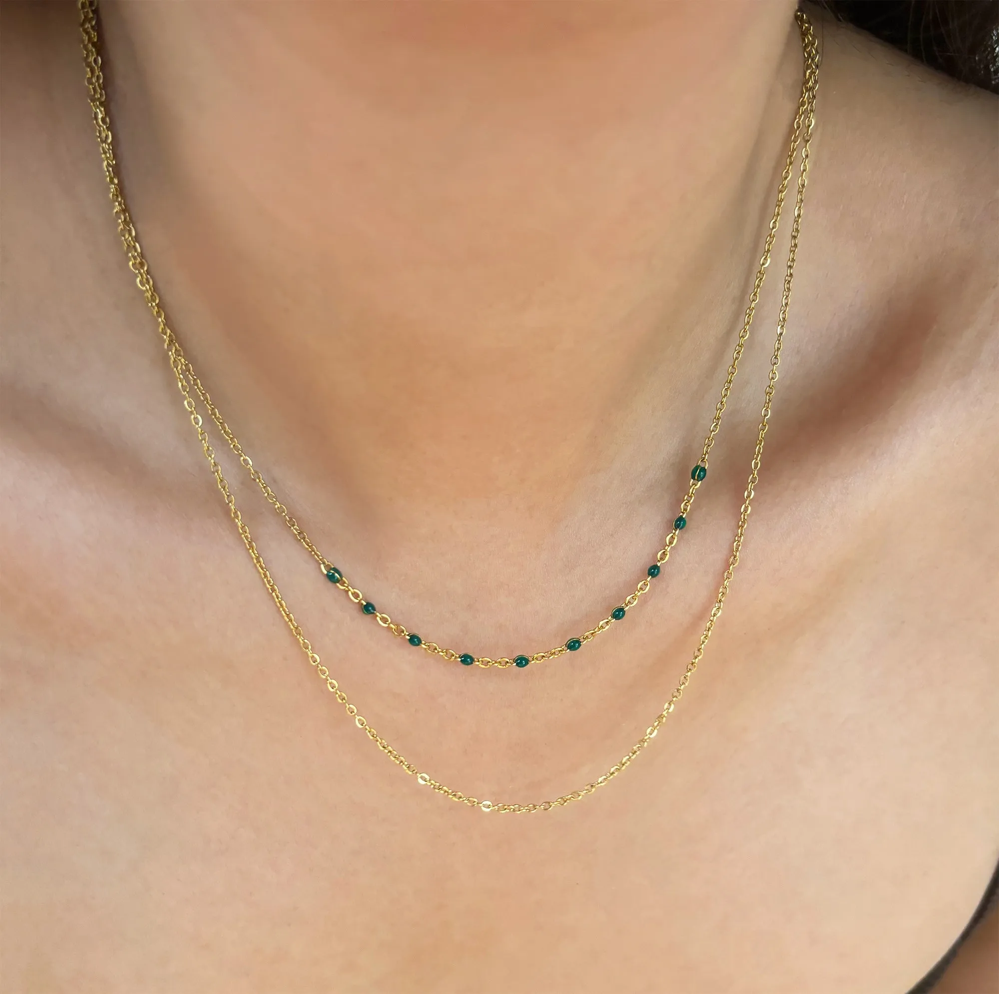 ROXI  DAINTY GOLD DUO GREEN BEADED NECKLACE