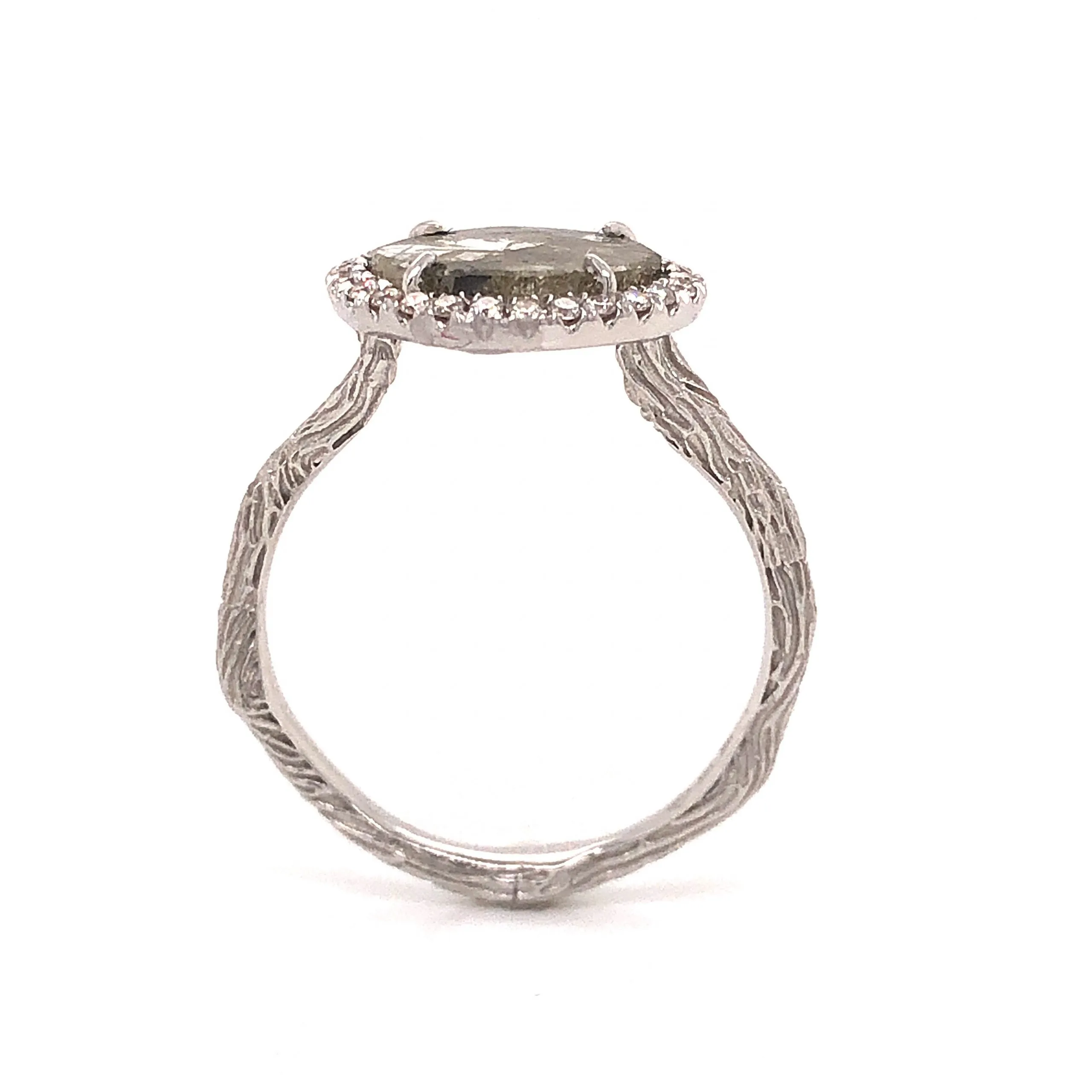 Rustic Round Diamond Halo Ring in 18k White Gold