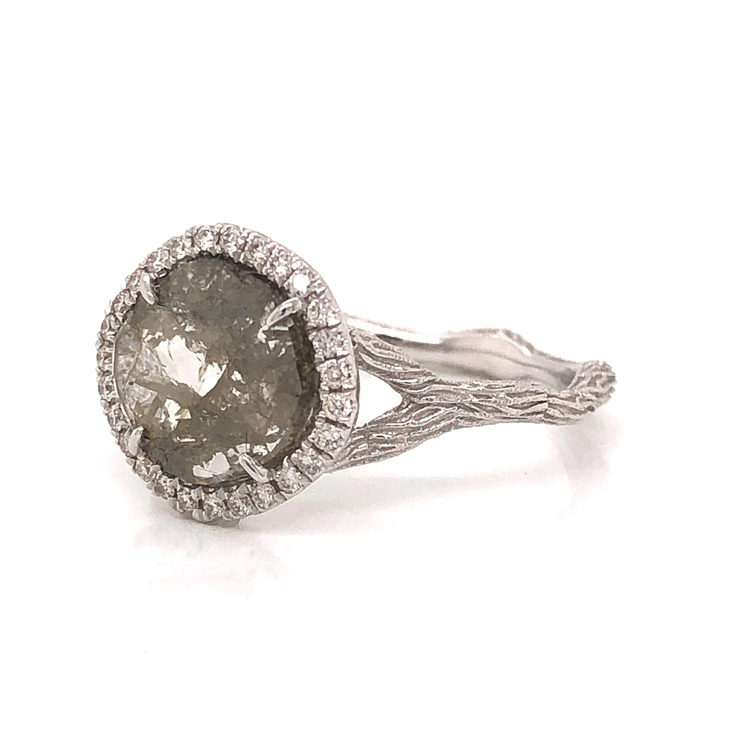 Rustic Round Diamond Halo Ring in 18k White Gold