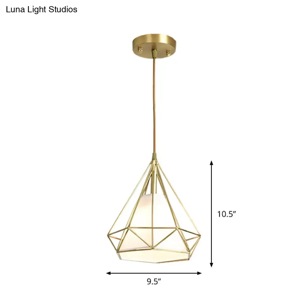 Simplicity 1-Head Brass Diamond Cage Pendant Light with Flaxen Inner Fabric Shade