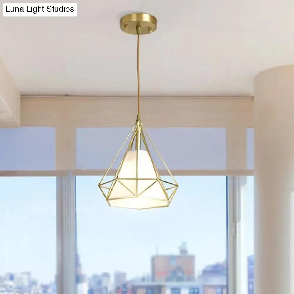 Simplicity 1-Head Brass Diamond Cage Pendant Light with Flaxen Inner Fabric Shade