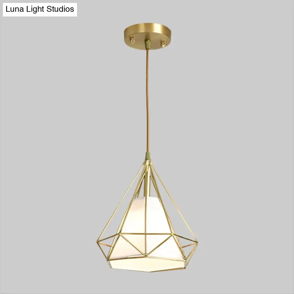 Simplicity 1-Head Brass Diamond Cage Pendant Light with Flaxen Inner Fabric Shade