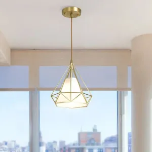 Simplicity 1-Head Brass Diamond Cage Pendant Light with Flaxen Inner Fabric Shade