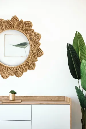 Threadsavisa Natural Jute Wall Mirror for Bathroom, Vintage, Wall Mount, Living Room, Wall Basin, Bedroom Beautifully Covered with Rope with Loop for Wall Decoration (16x 16 Inch)