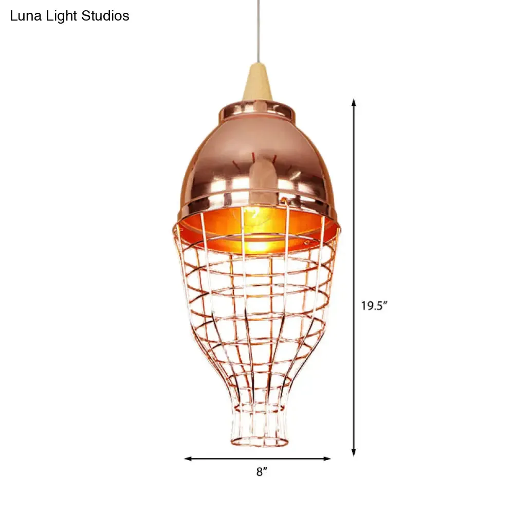Vintage Rose Gold Pendant Light with Wire Cage - Metallic Shade for Living Room Ceiling