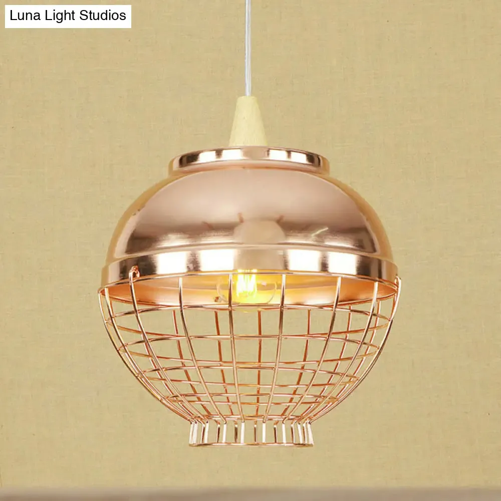 Vintage Rose Gold Pendant Light with Wire Cage - Metallic Shade for Living Room Ceiling